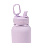 Purple water bottle with a lid and straw on a white background