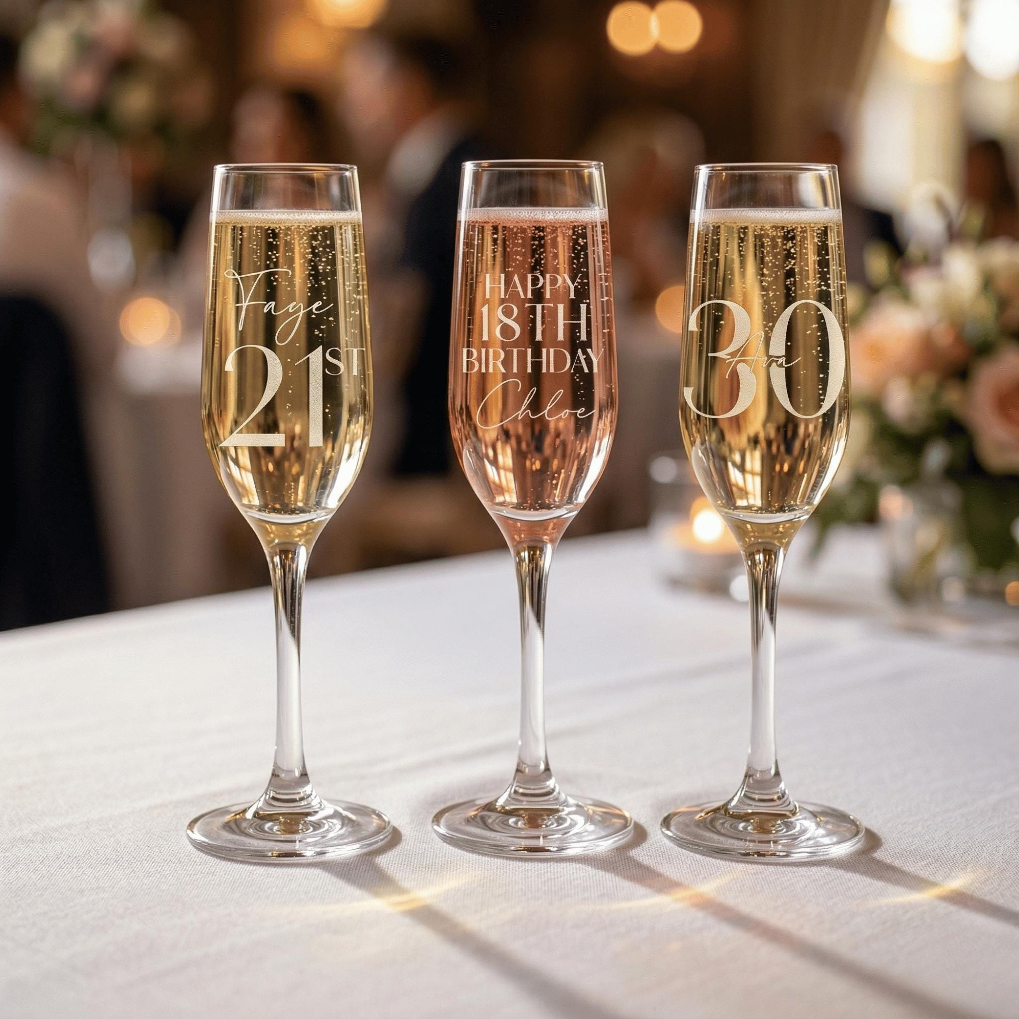 Three champagne flutes with personalised inscriptions on a tablecloth with a blurred background