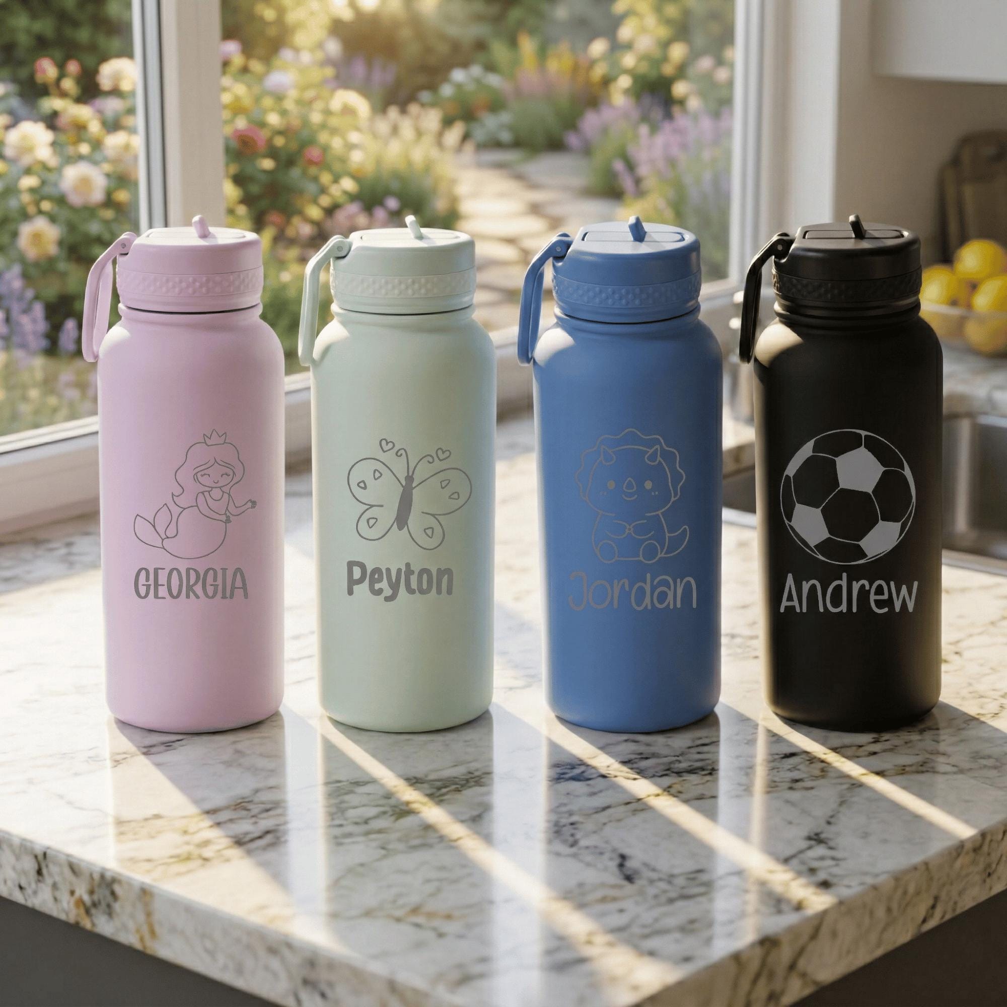 Four personalized water bottles on a marble surface with a garden view in the background.