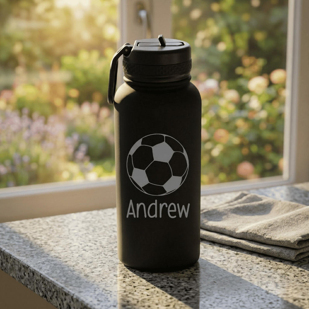Black water bottle with soccer ball design and 'Andrew' text on a windowsill with garden view