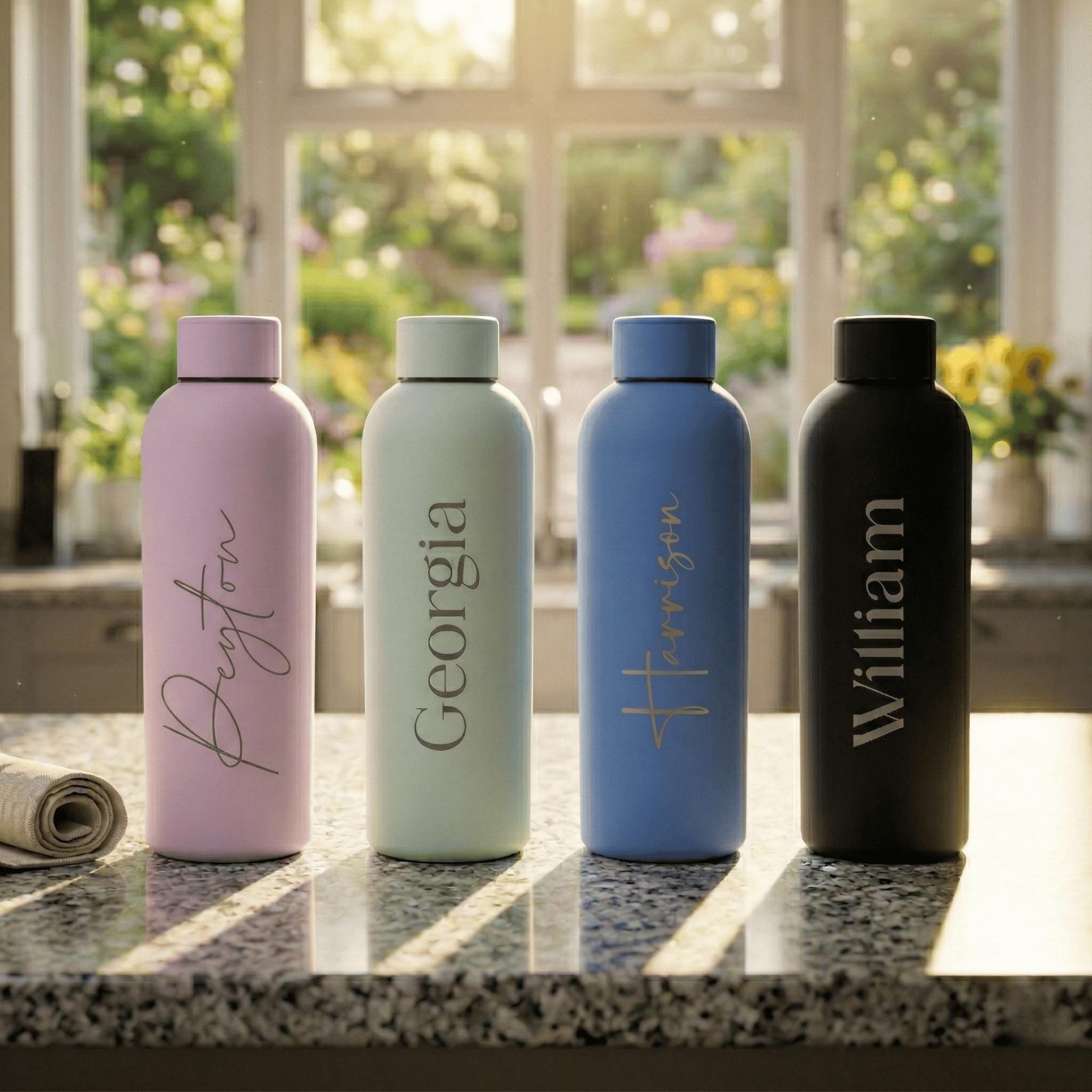 Four personalised water bottles on a kitchen counter with a blurred garden background.