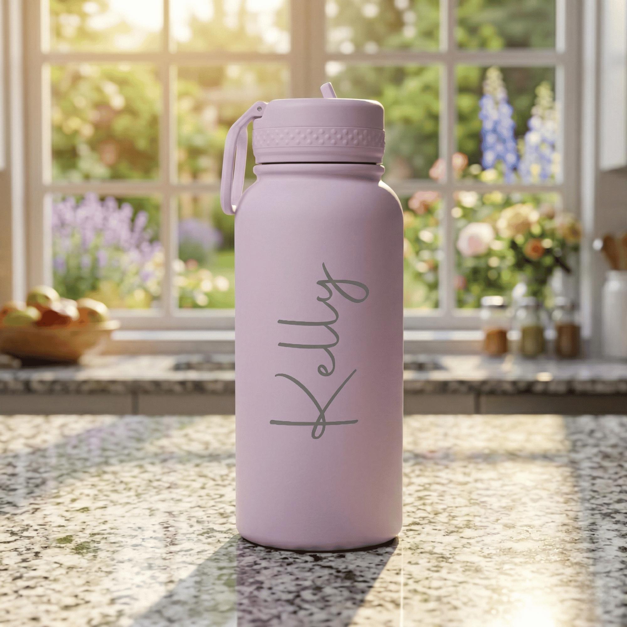 Pink water bottle with 'Kelly' engraving on a kitchen counter