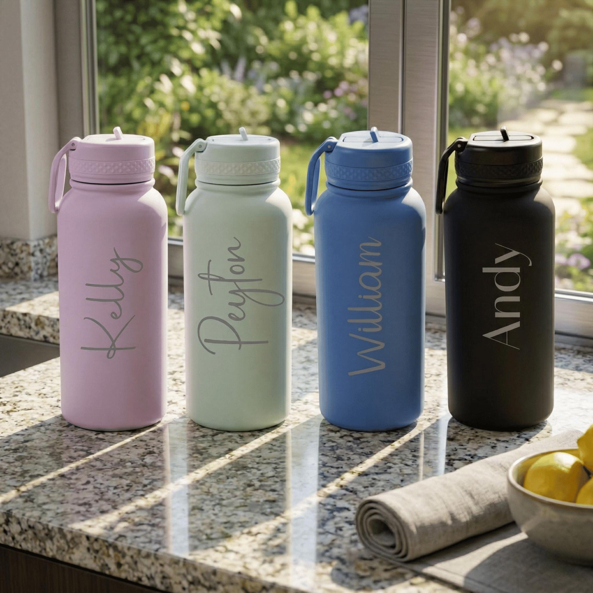 Four insulated water bottles with names engraved on them, placed on a kitchen counter.