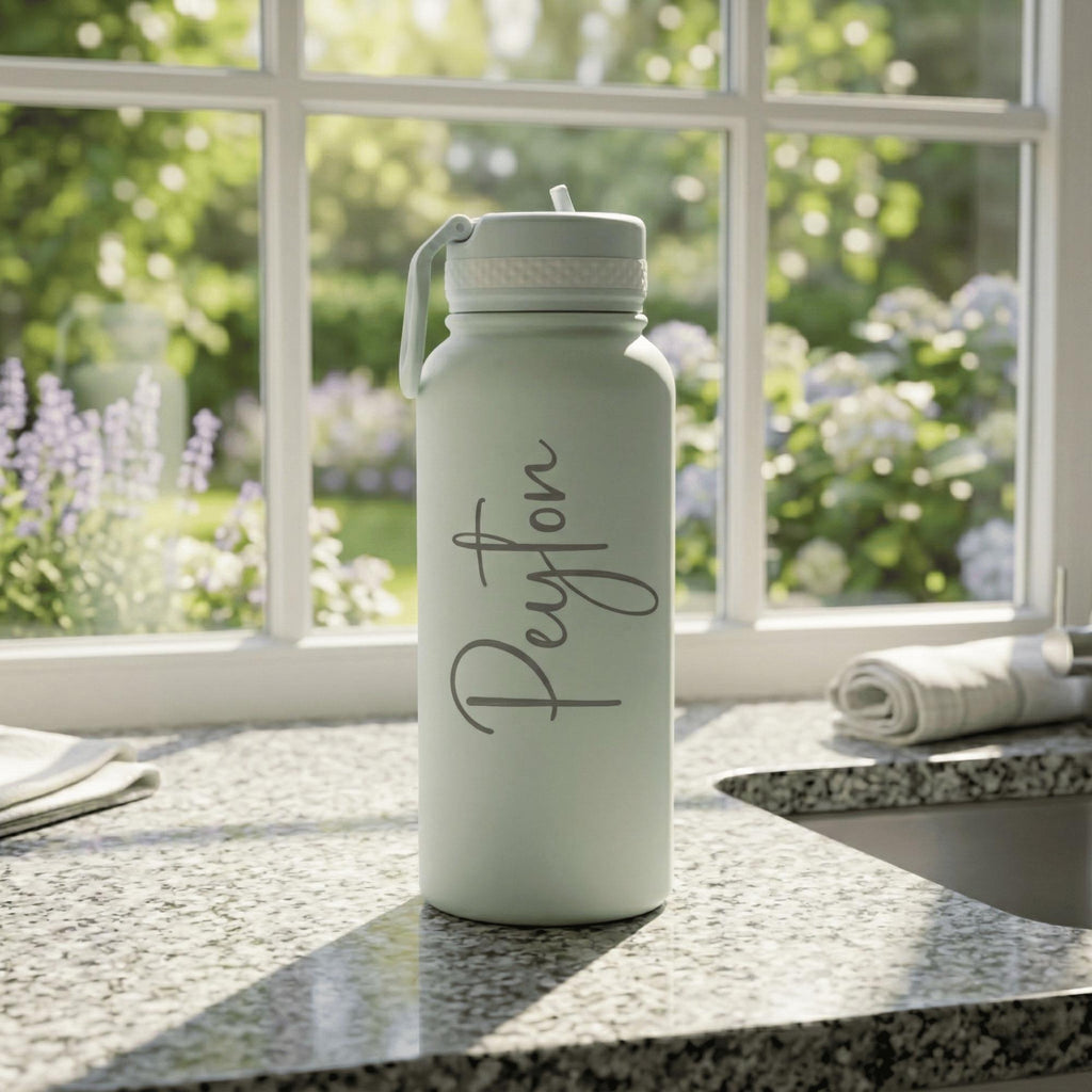Light green water bottle with 'Peyton' on a kitchen counter with a window in the background