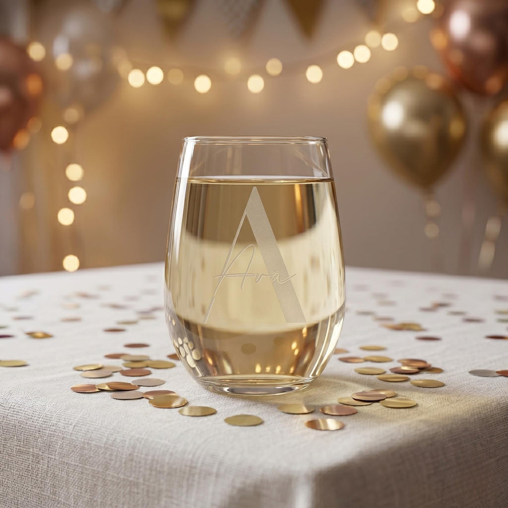 Glass of white wine with a brand logo on a tablecloth with confetti and balloons in the background