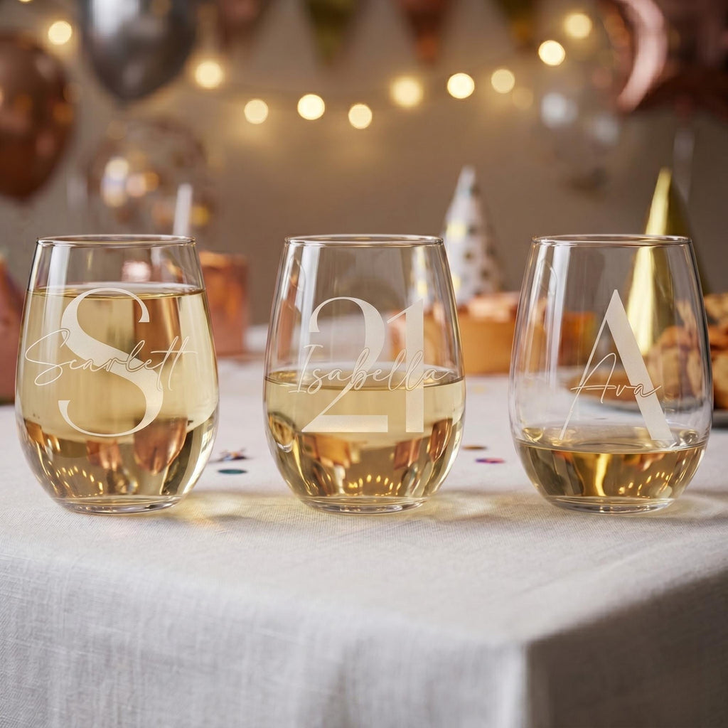 Three stemless wine glasses with engraved numbers on a tablecloth with a festive background.