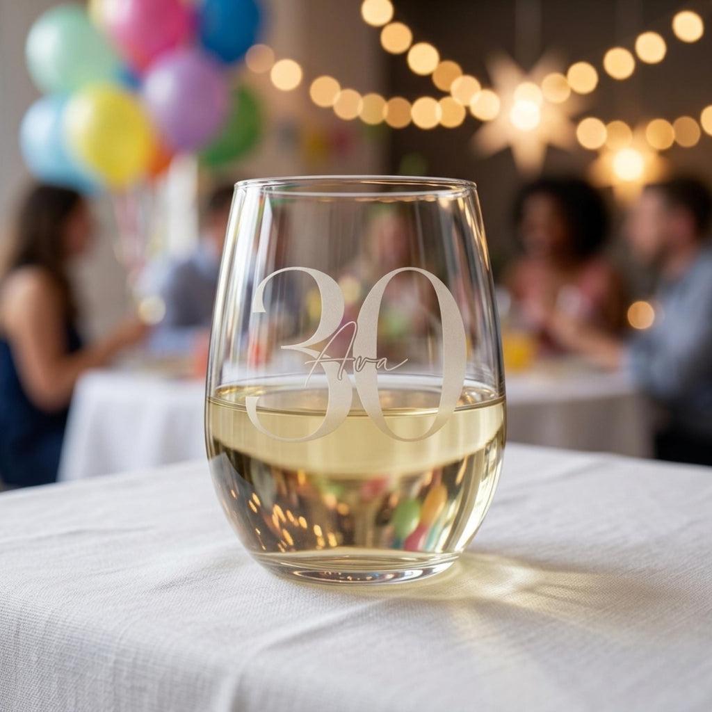 Glass of white wine with '30 Ava' on a tablecloth, blurred party background
