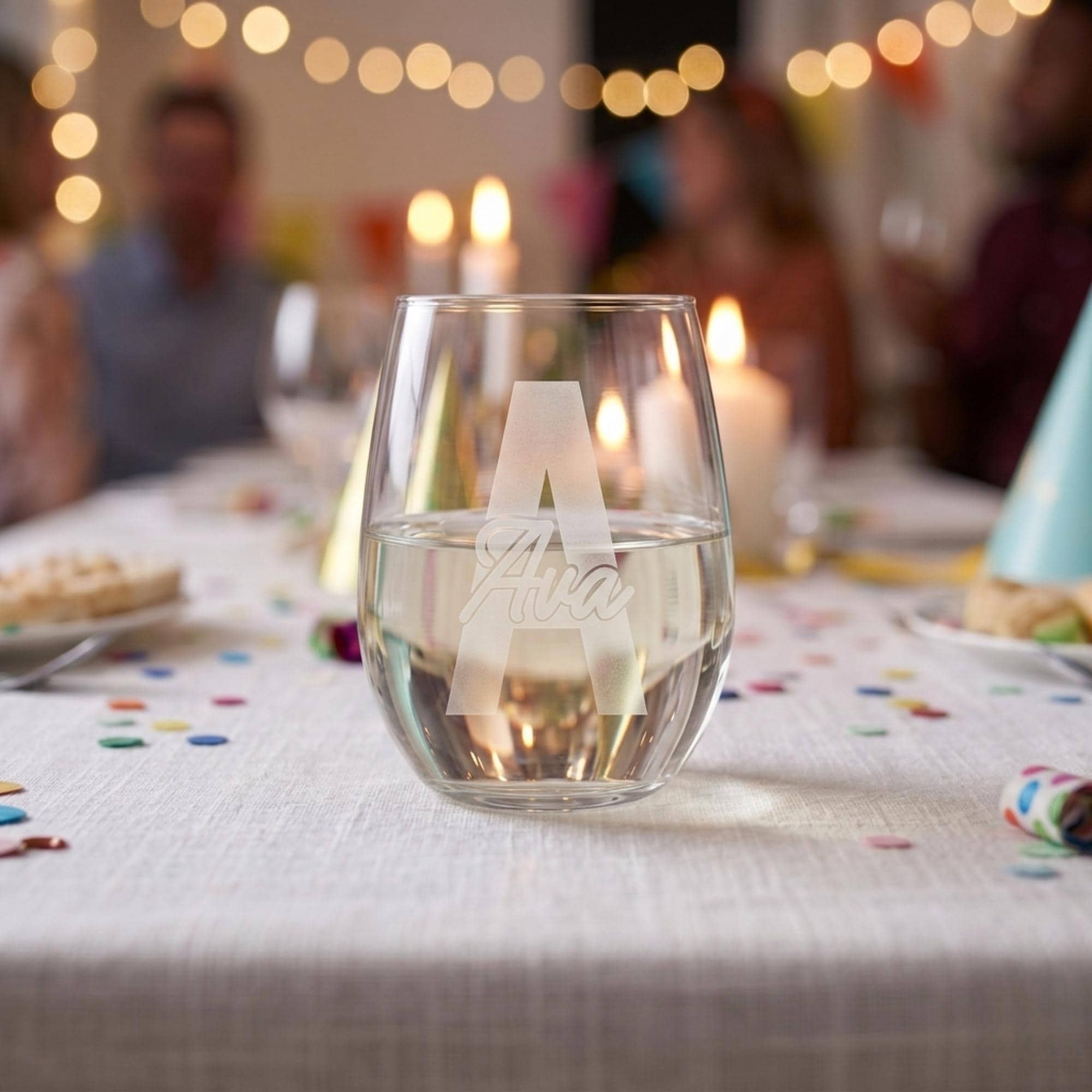 Clear glass with engraved name on a table with blurred people and lights in the background