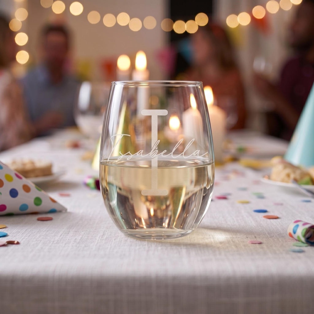 Personalized wine glass on a festive table with blurred people in the background