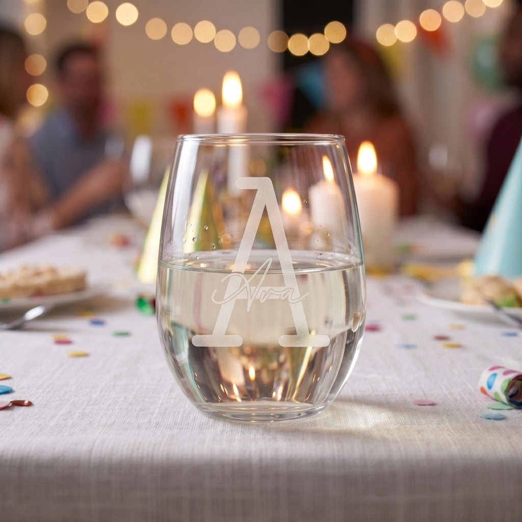 Glass of water with a logo on a table with people and lights in the background
