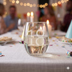 Glass with '18 Scarlett' on a table with candles and people in the background