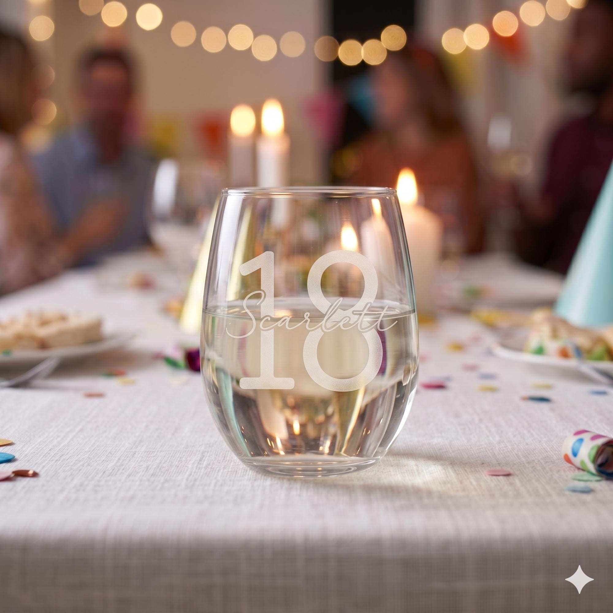 Glass with '18 Scarlett' on a table with candles and people in the background