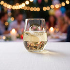 Glass of white wine with 'S Scarlett' branding on a table with blurred people and lights in the background