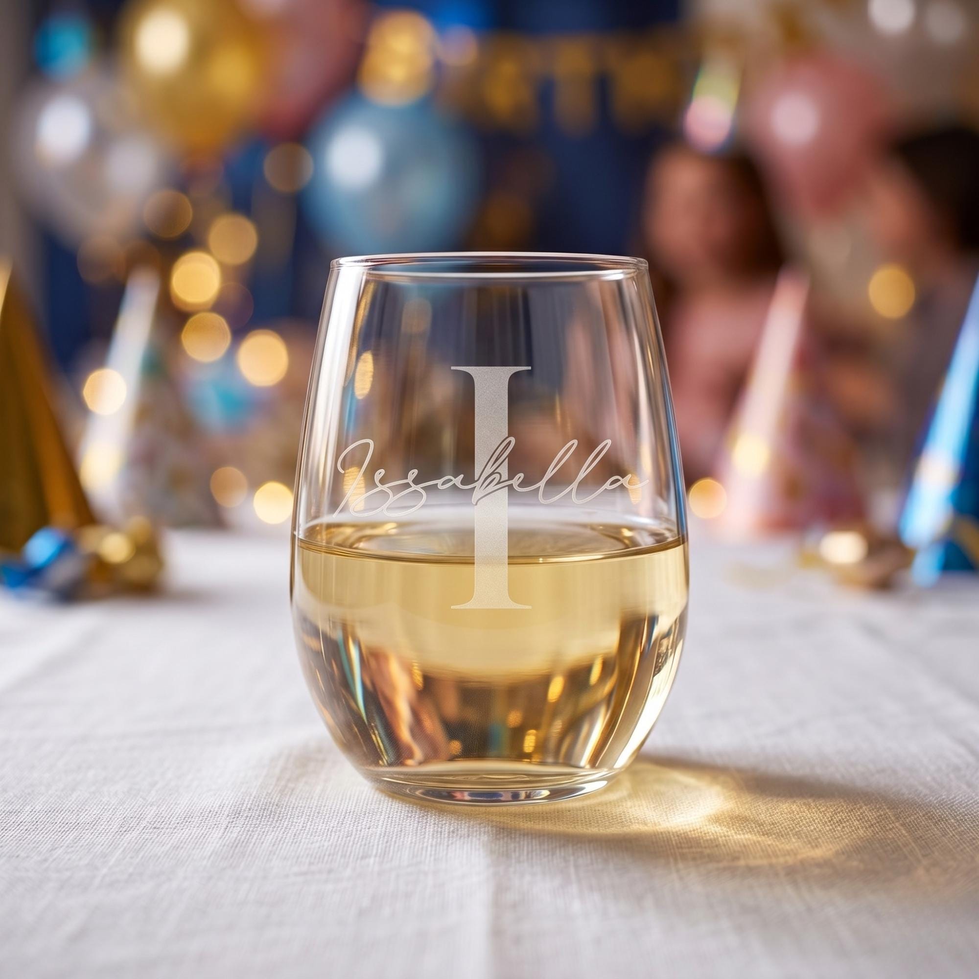 Glass of white wine with 'Issabella' engraving on a festive background