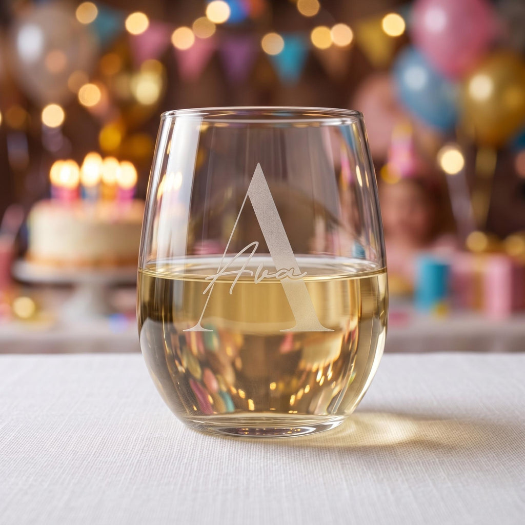 Glass of white wine with a logo on a table with a festive background
