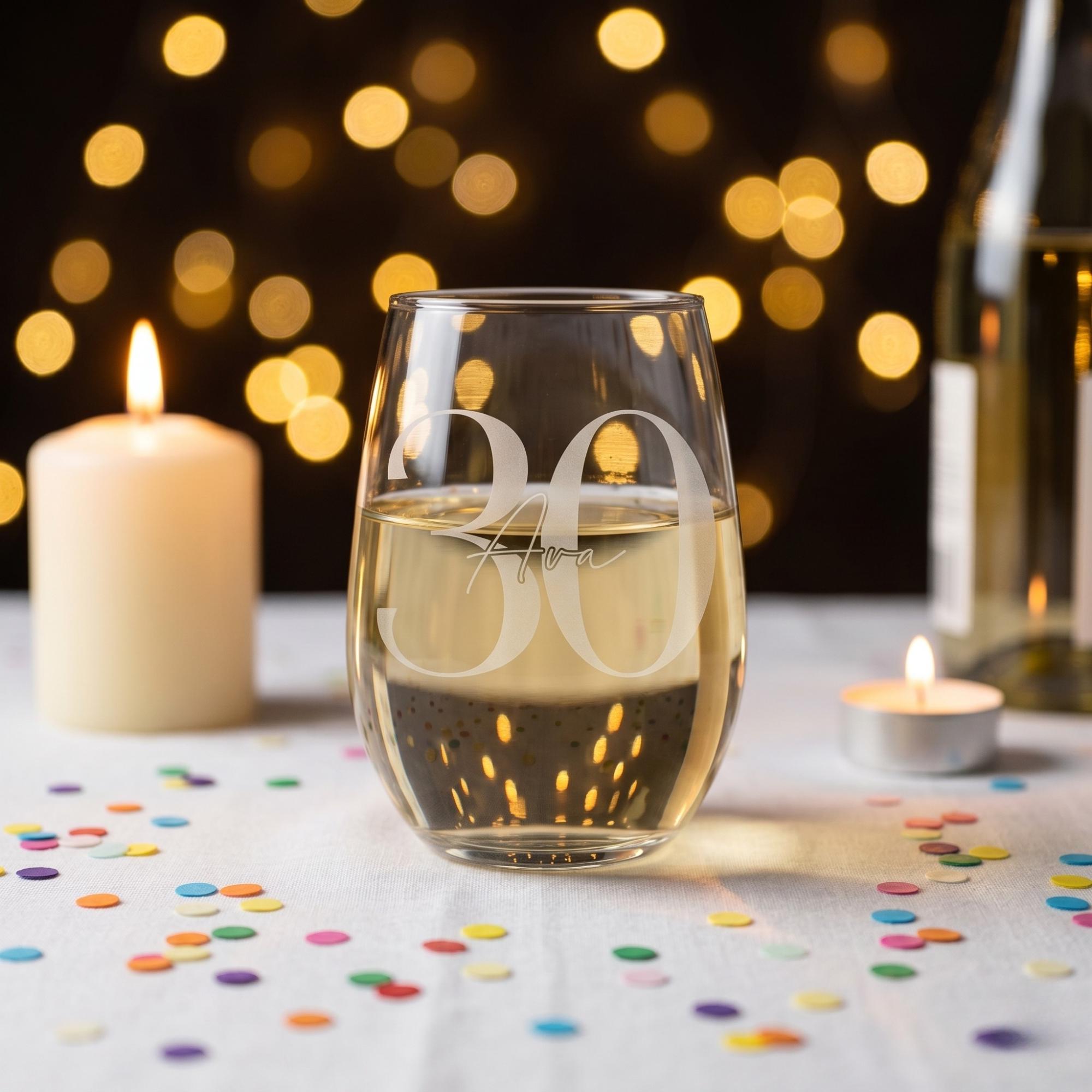 Stemless wine glass with '30' and 'Ava' engraving, filled with champagne, on a table with candles and confetti.