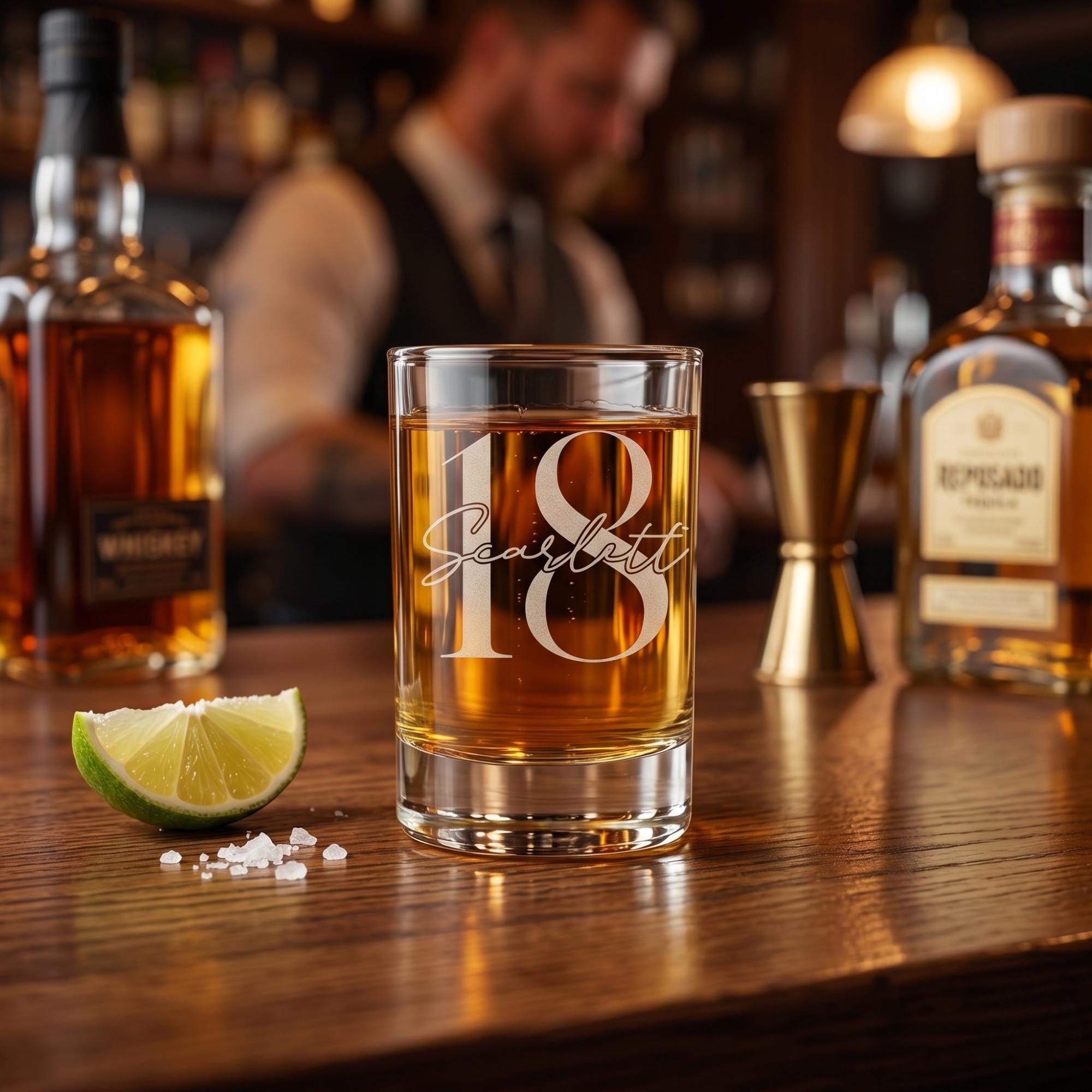 Glass of whiskey with 'Scarlett' engraving on a bar counter with bottles and lime.