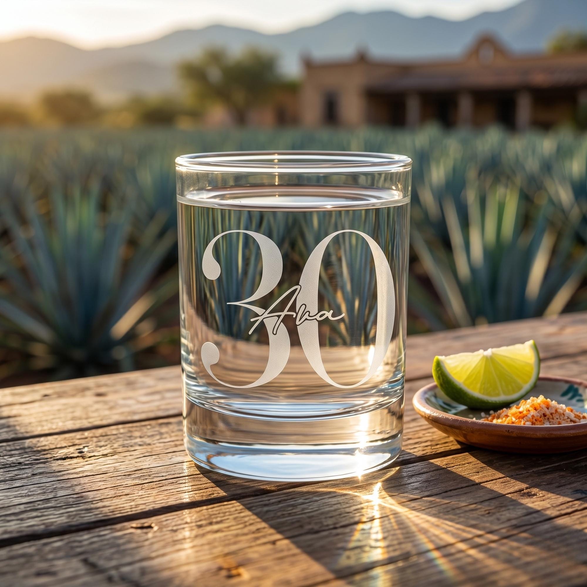 Clear glass with engraved text on a wooden table in front of agave plants