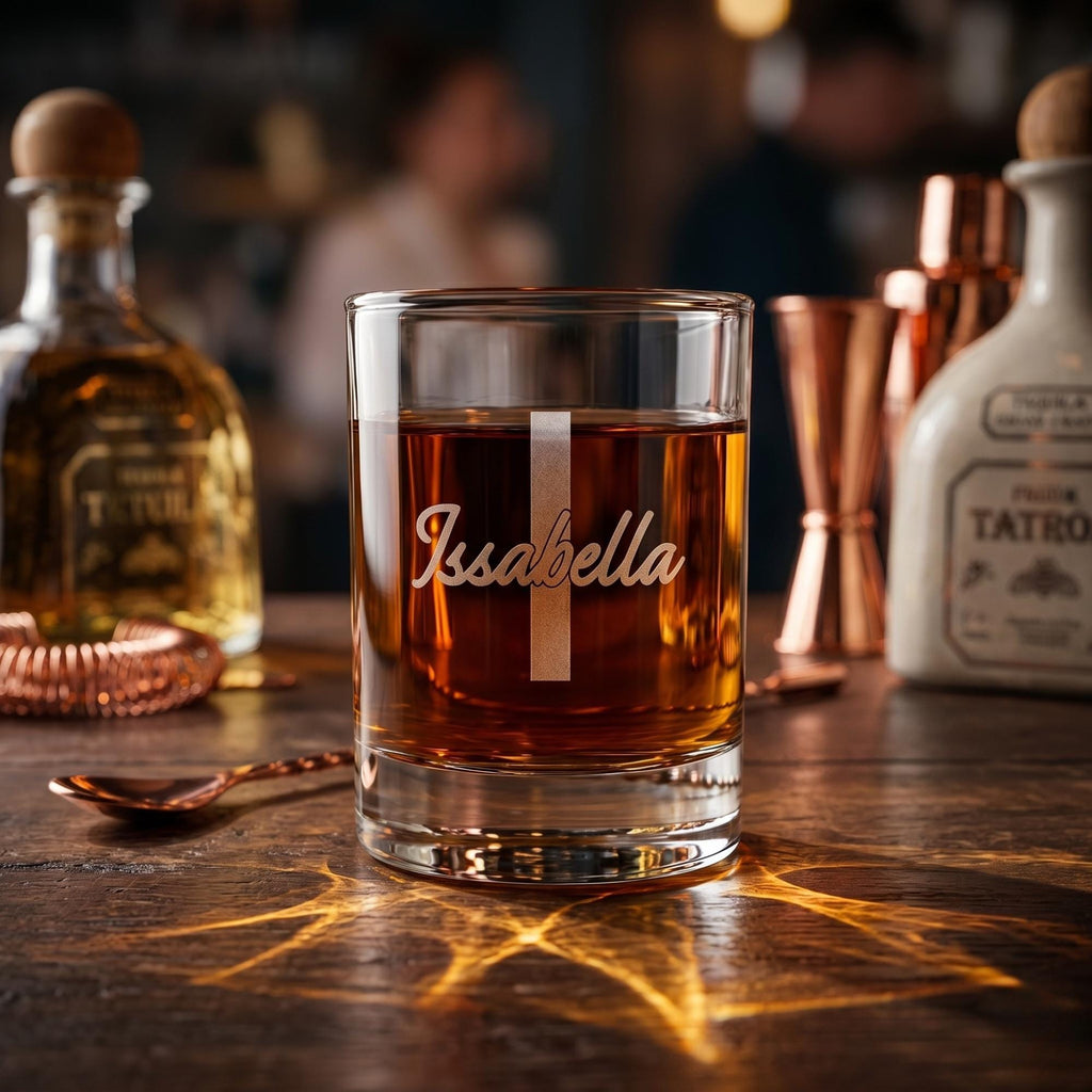 Glass of amber liquid with 'Issabella' engraving on a wooden bar counter with bar equipment.