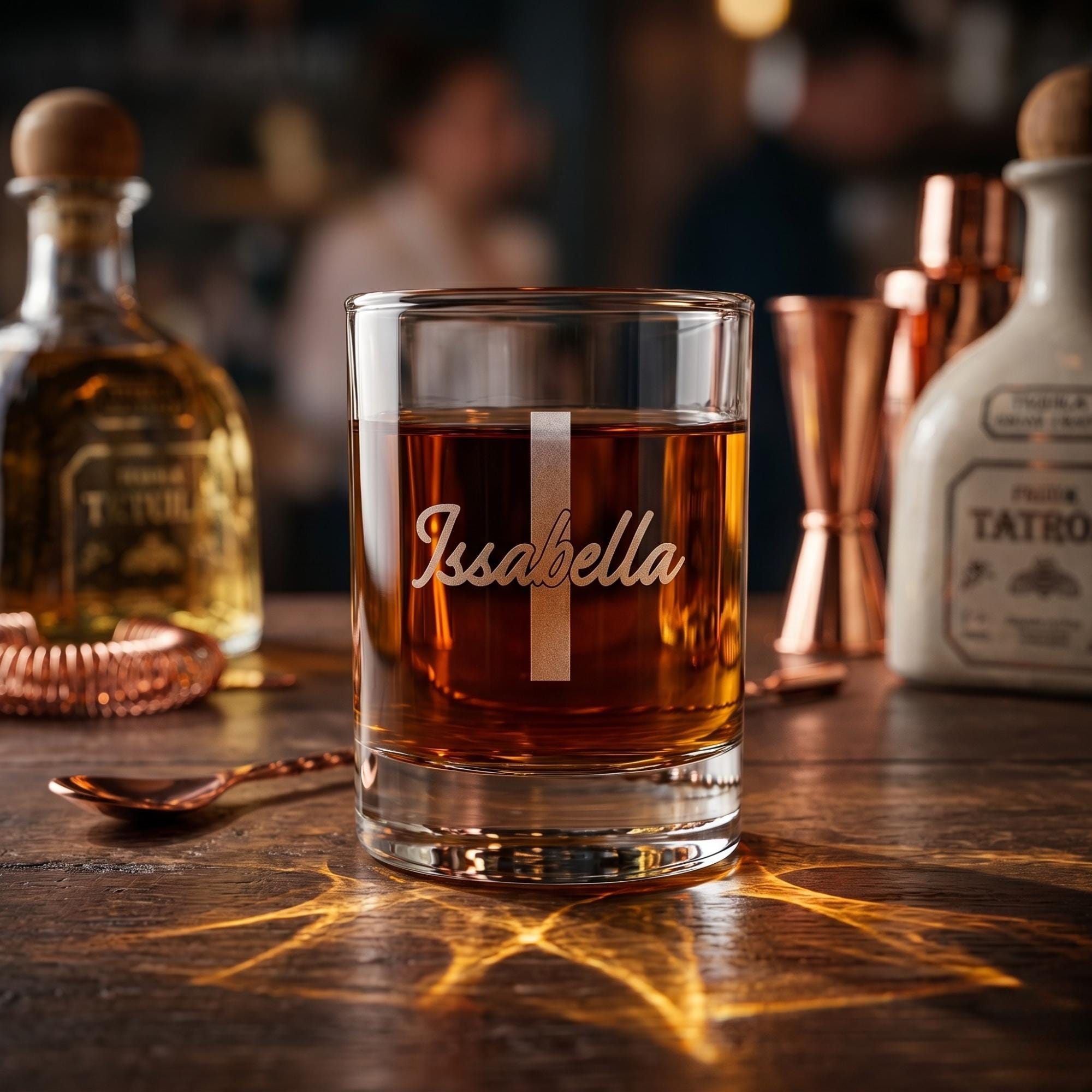 Glass of amber liquid with 'Issabella' engraving on a wooden bar counter with bar equipment.