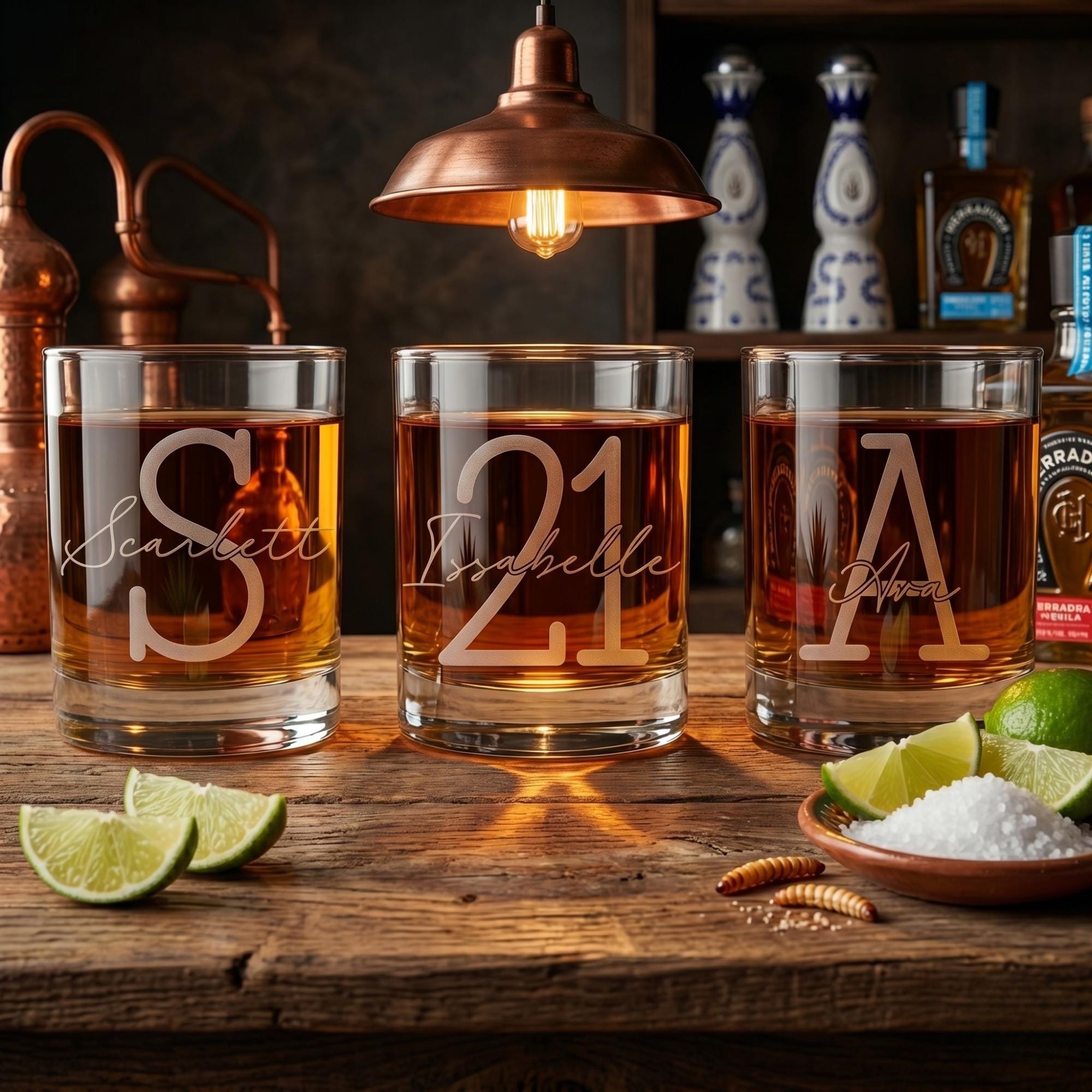 Three glasses of whiskey with personalized engravings on a wooden table with limes and salt.