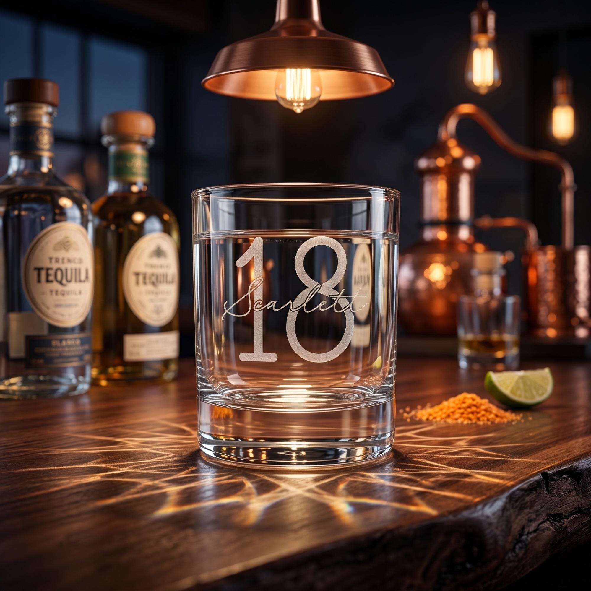 Clear glass with '18 Scarlet' engraving on a bar counter with tequila bottles and bar equipment.