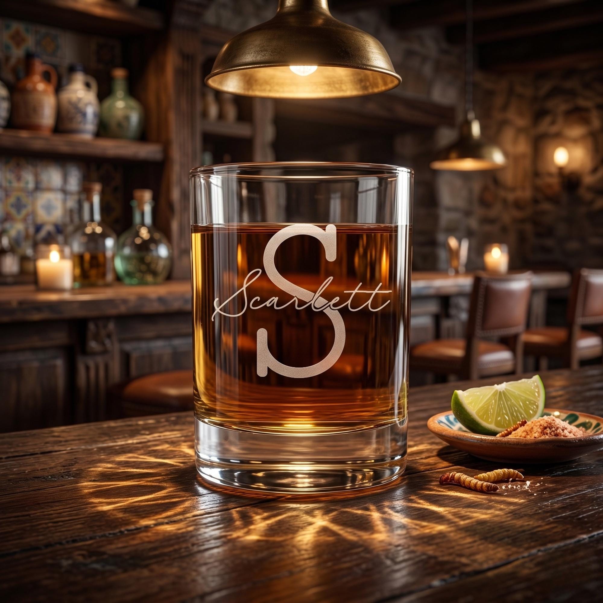 Glass of amber liquid with 'Scarlett' engraving on a wooden bar counter.