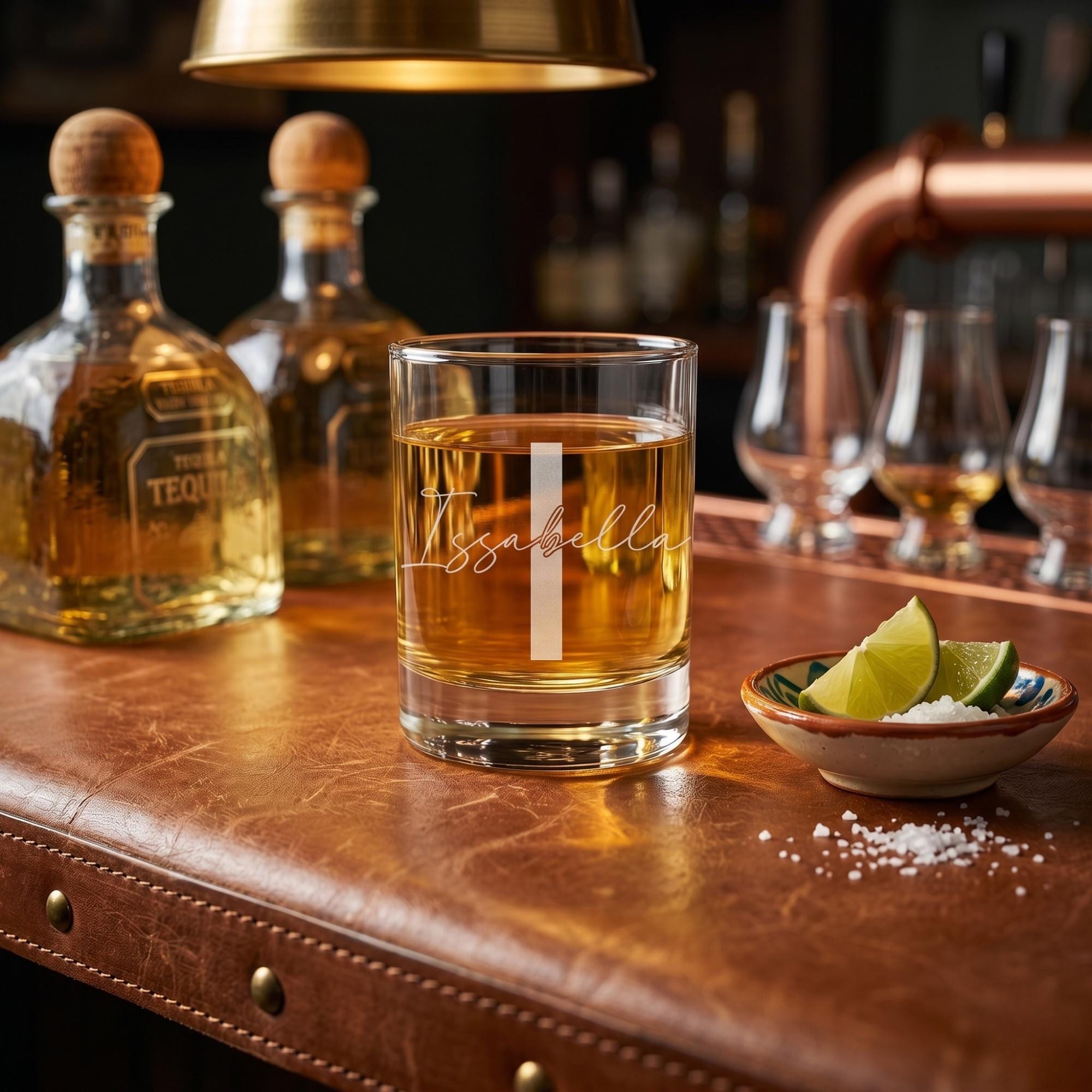 Glass of tequila with 'Issabella' branding on a bar counter with tequila bottles and lime wedges.