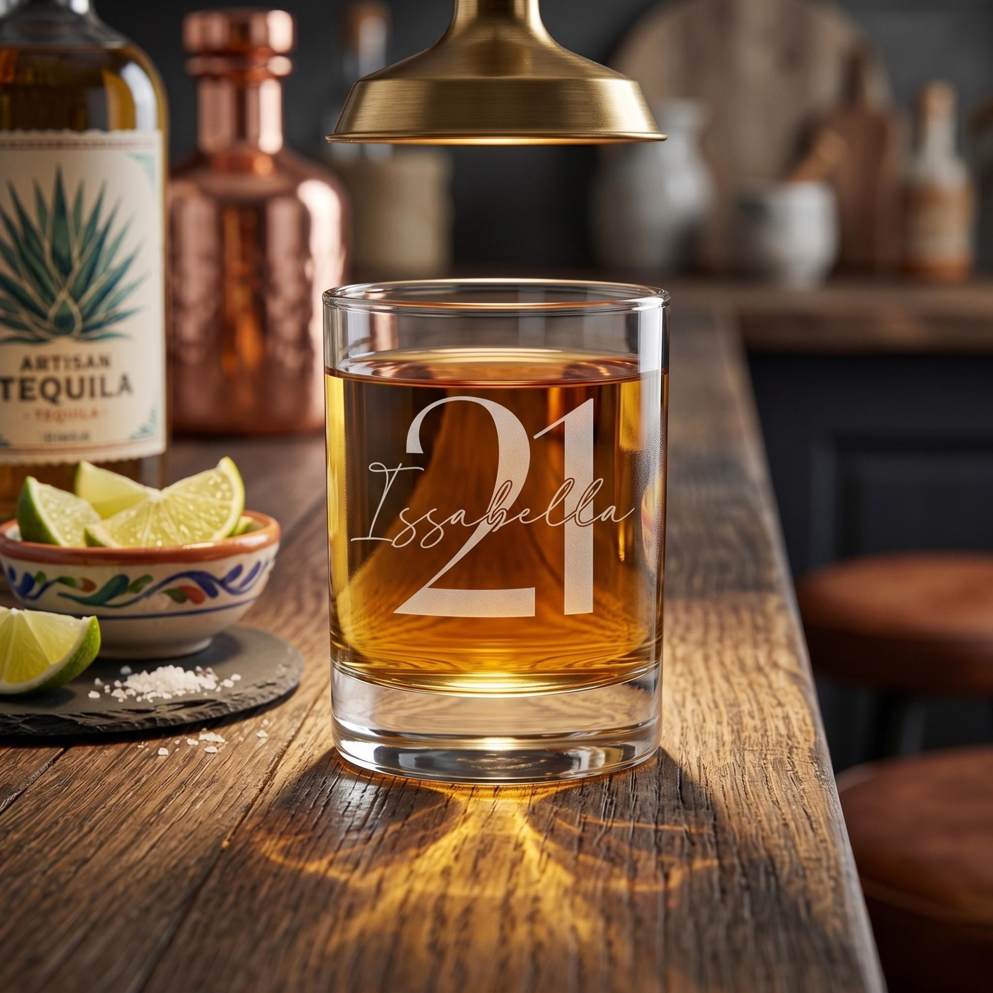 Glass of tequila with '21 Issabella' engraving on a wooden bar with tequila bottle and lime garnish.