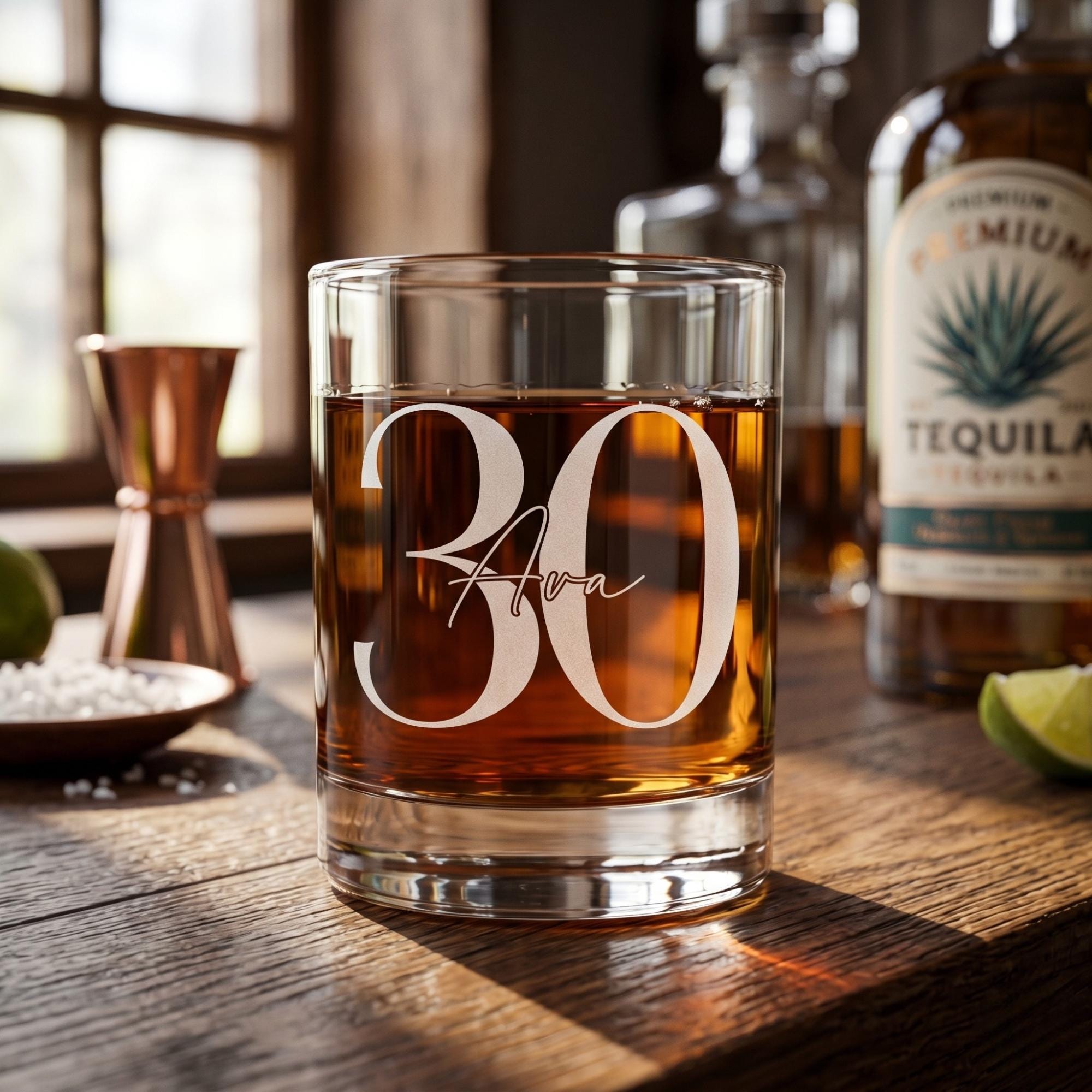 Glass of tequila with '30 Ava' engraving on a wooden table with tequila bottle in the background.