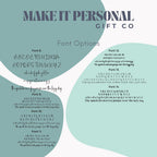 Make It Personal Gift Co customisation menu showing font options 8 to 14. Features minimalist sans-serif, classic serif, and playful handwritten typography for unique personalised presents.