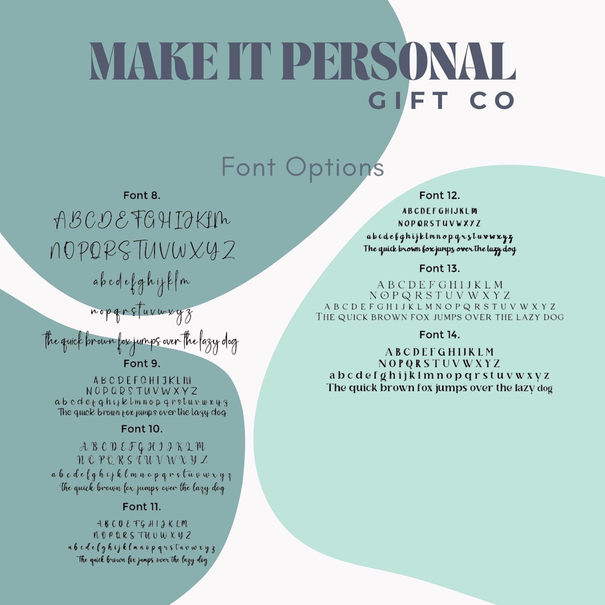 Make It Personal Gift Co customisation menu showing font options 8 to 14. Features minimalist sans-serif, classic serif, and playful handwritten typography for unique personalised presents.