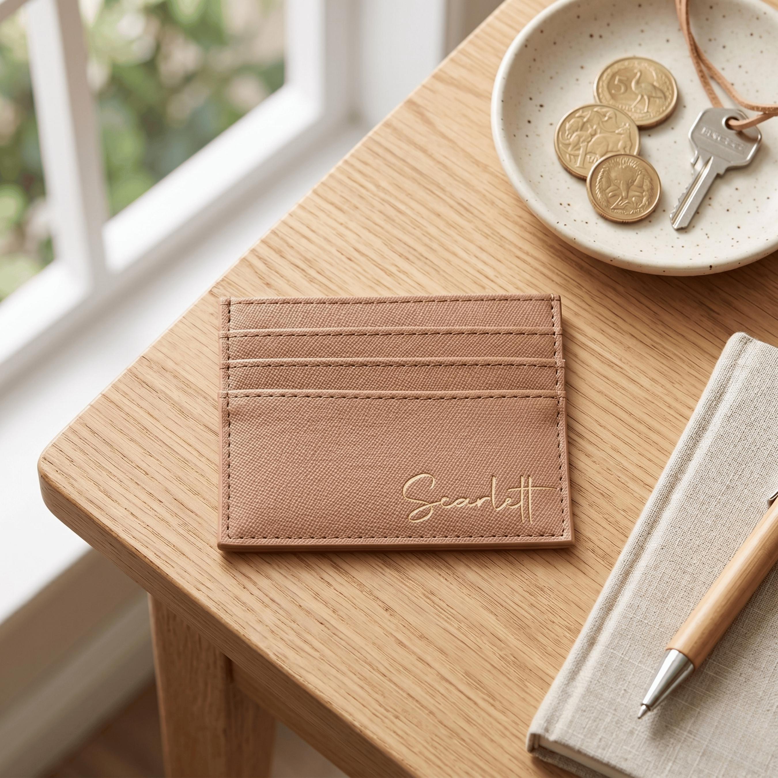 Personalised tan vegan leather card holder with the name "Scarlett" in Gold  Script font, resting on a wooden desk next to Australian coins and keys.