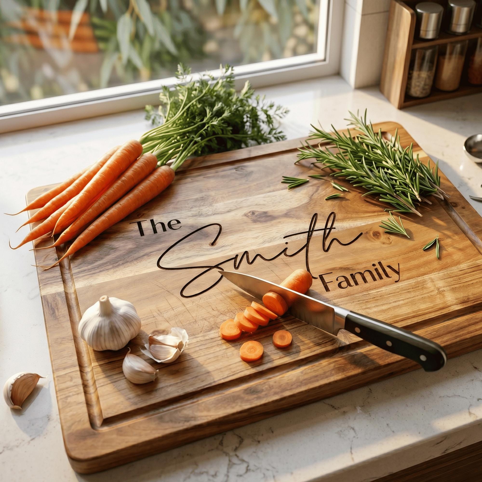 Wooden cutting board with 'The Smith Family' engraving, carrots, garlic, and a knife on a kitchen counter.
