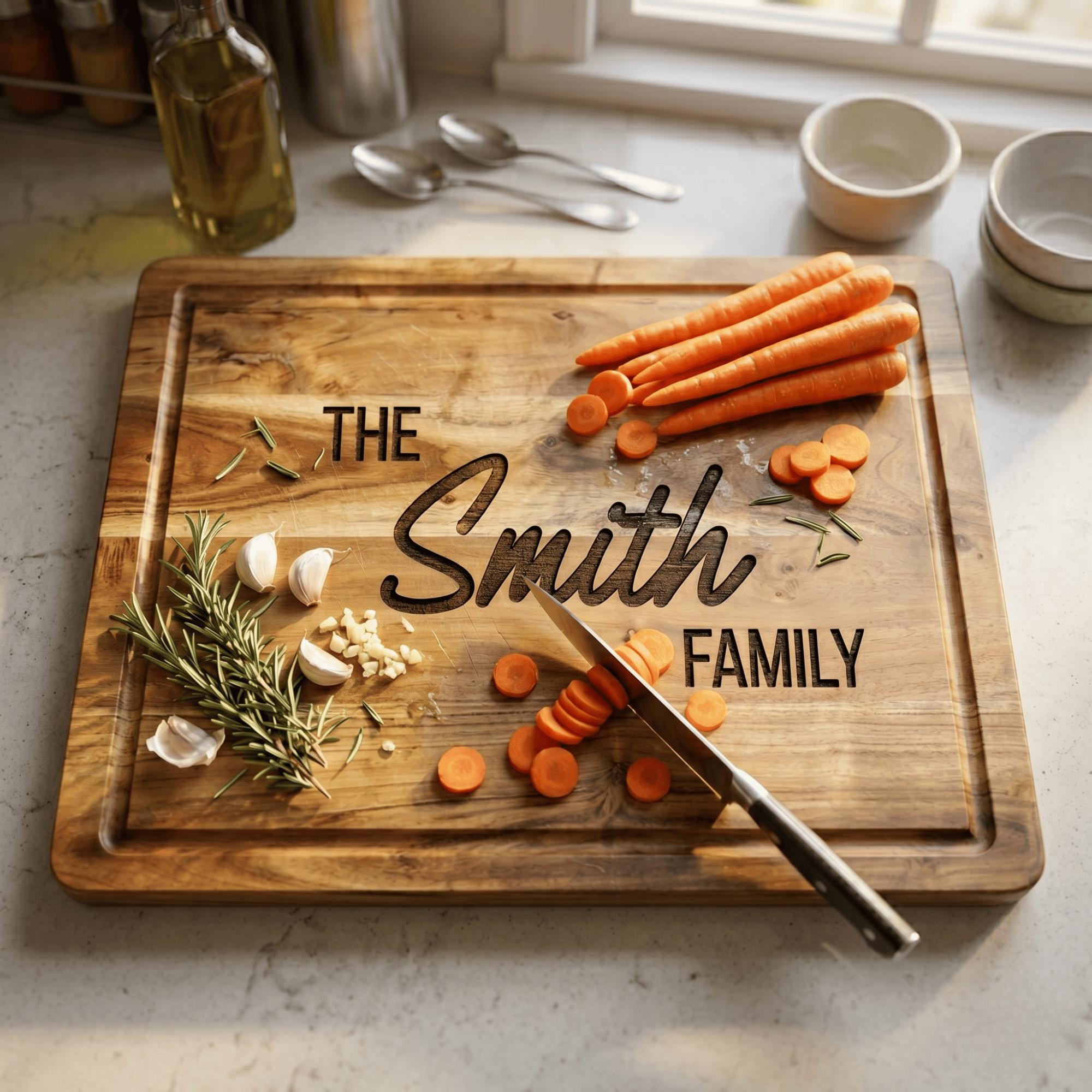 Wooden cutting board with 'The Smith Family' engraving, carrots, and kitchen utensils on a countertop.