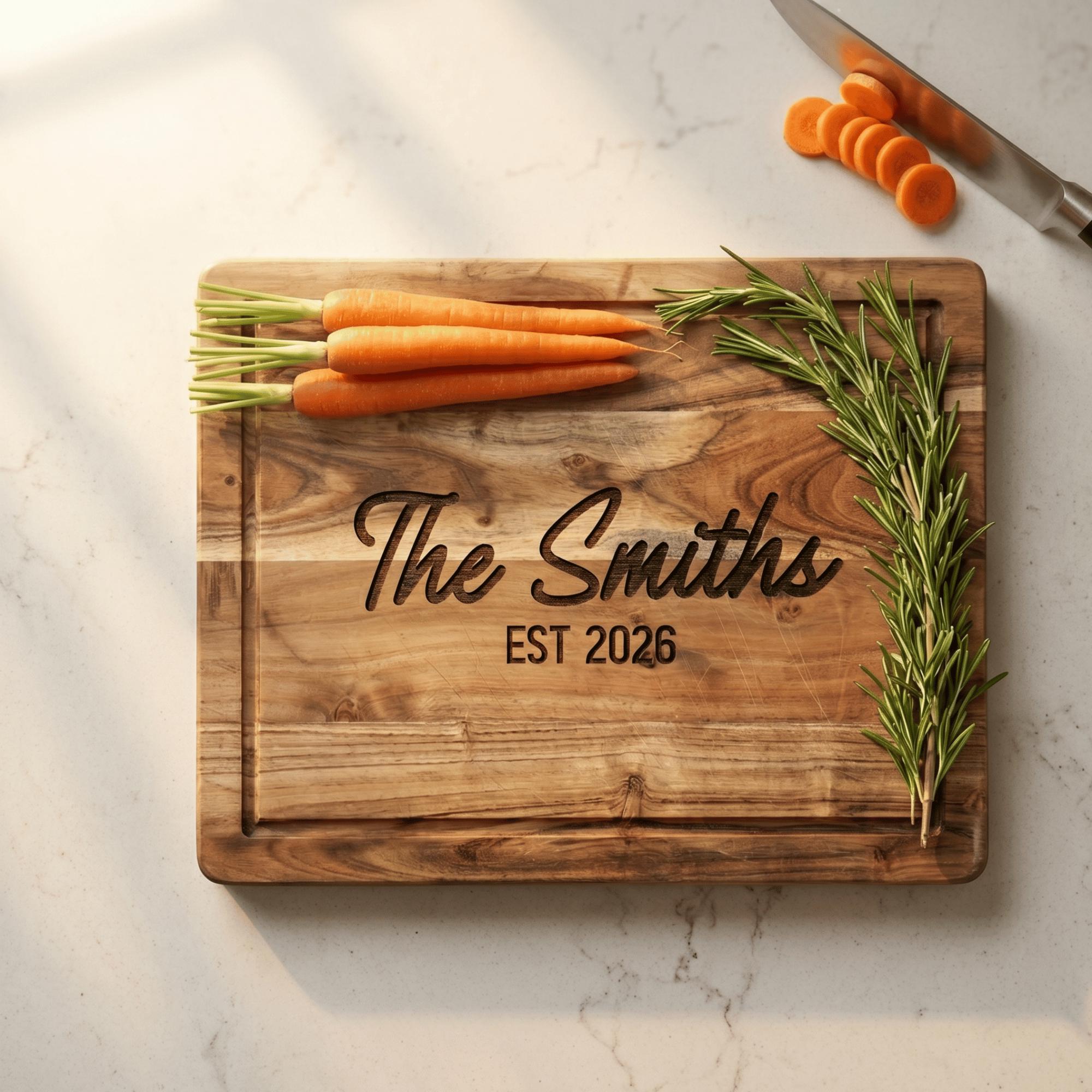 Wooden cutting board with 'The Smiths EST 2026' engraving, carrots, and rosemary on a marble surface.