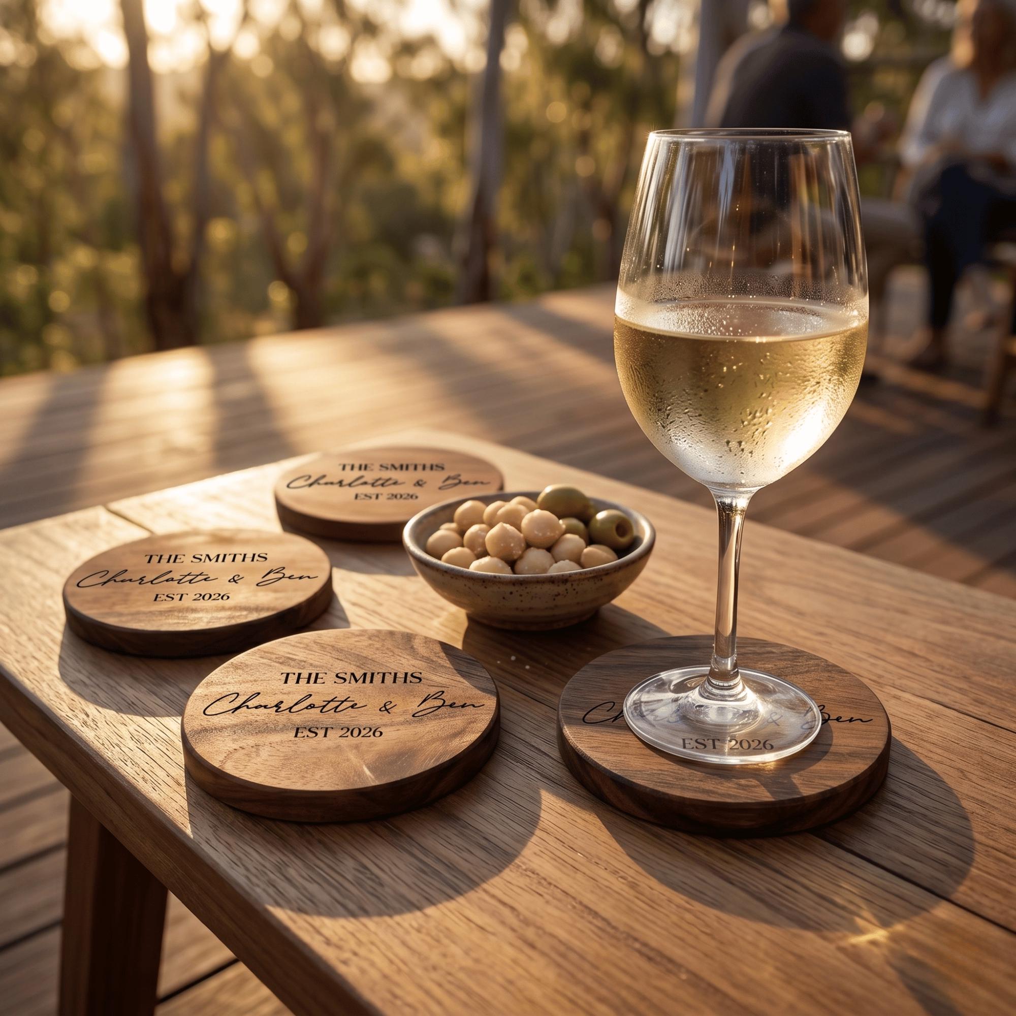 Wine glass with white wine on a wooden coaster set outdoors