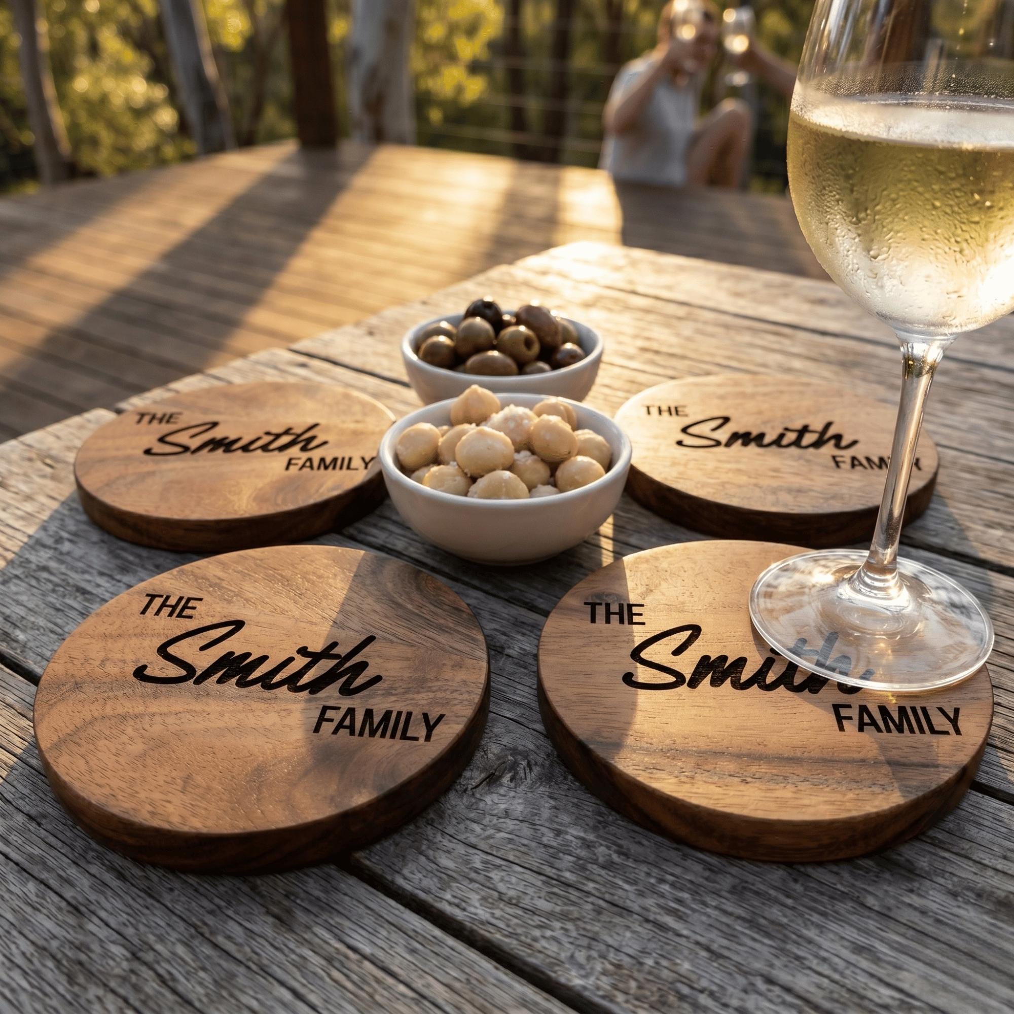 Wooden coasters with 'The Smith Family' engraving on a wooden table with a glass of wine.
