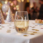 Clear glass with '21' and 'Issabella' on a table with confetti and blurred party background