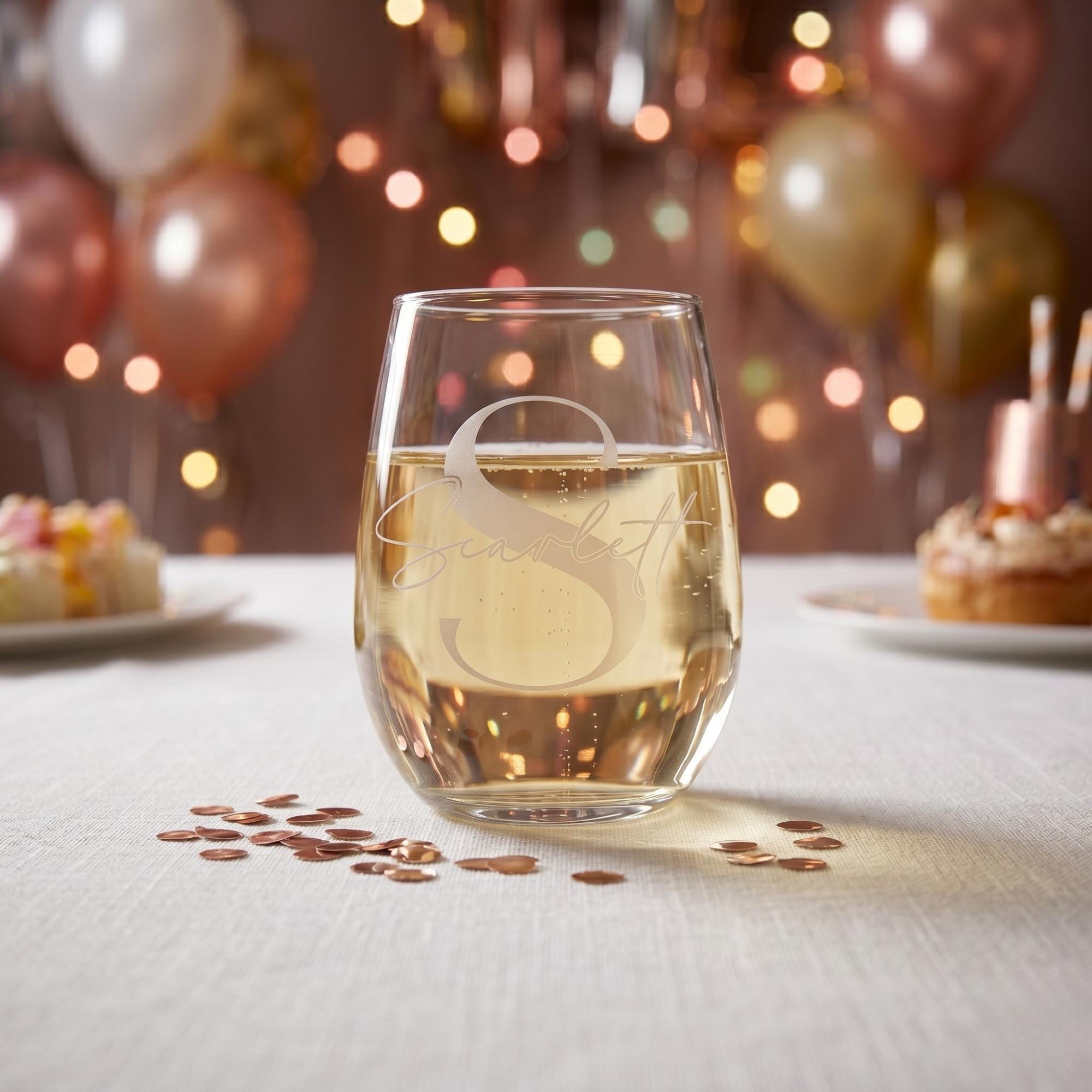 Glass of champagne with a decorative logo on a table with balloons and cake in the background