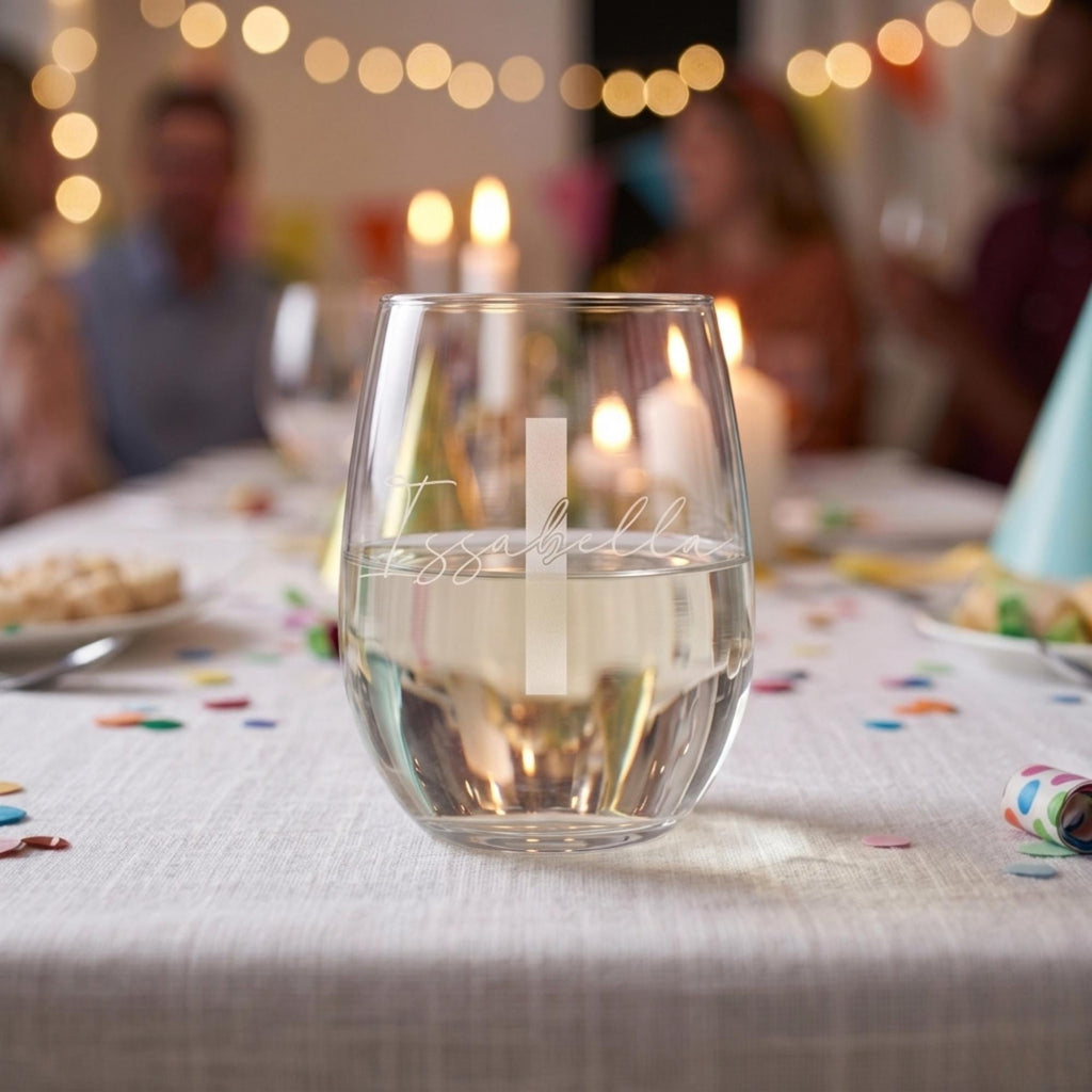 Clear glass with engraved text on a table with blurred people and lights in the background