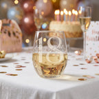 Stemless wine glass with '18 Scarlett' engraving on a birthday celebration table.