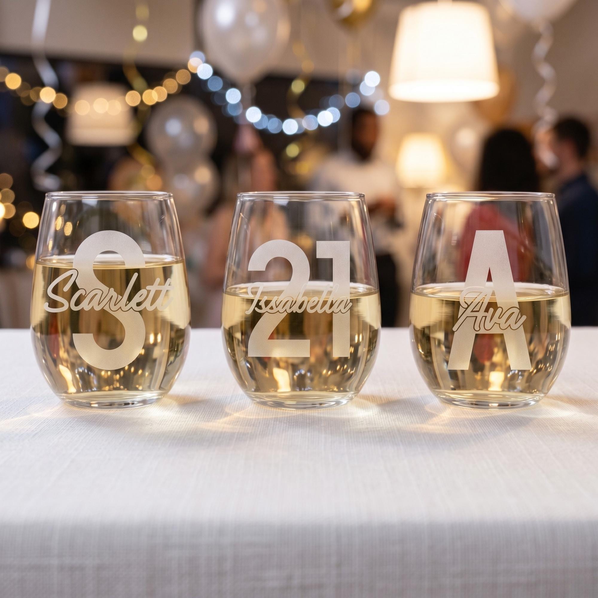 Three stemless wine glasses with personalized names on a table with a blurred festive background.