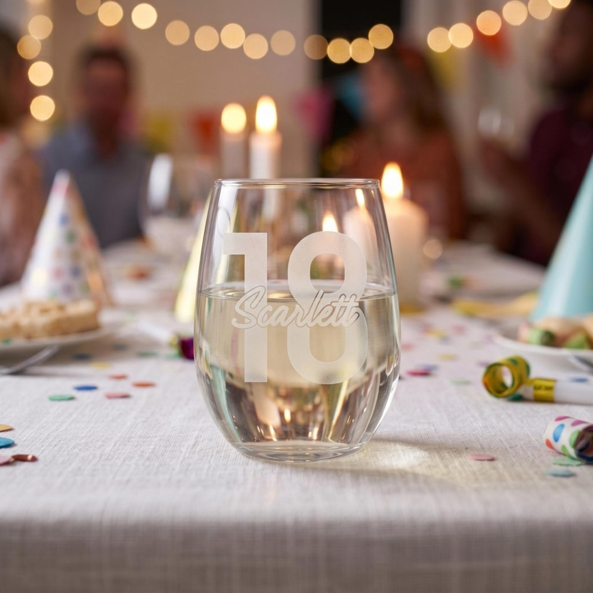 Glass with '18' engraving on a table with candles and party hats, blurred background of people and lights.