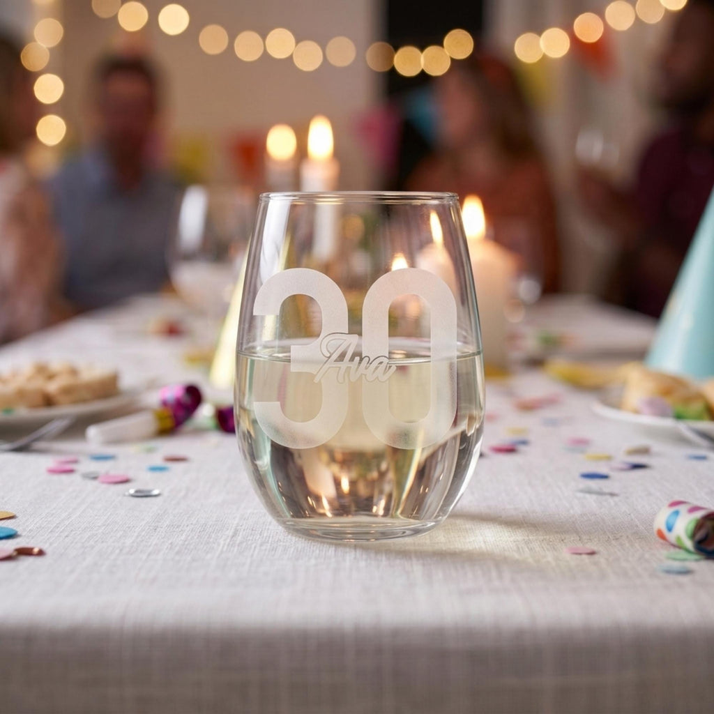 Stemless wine glass with '30 Ava' engraving on a festive table with blurred people in the background.