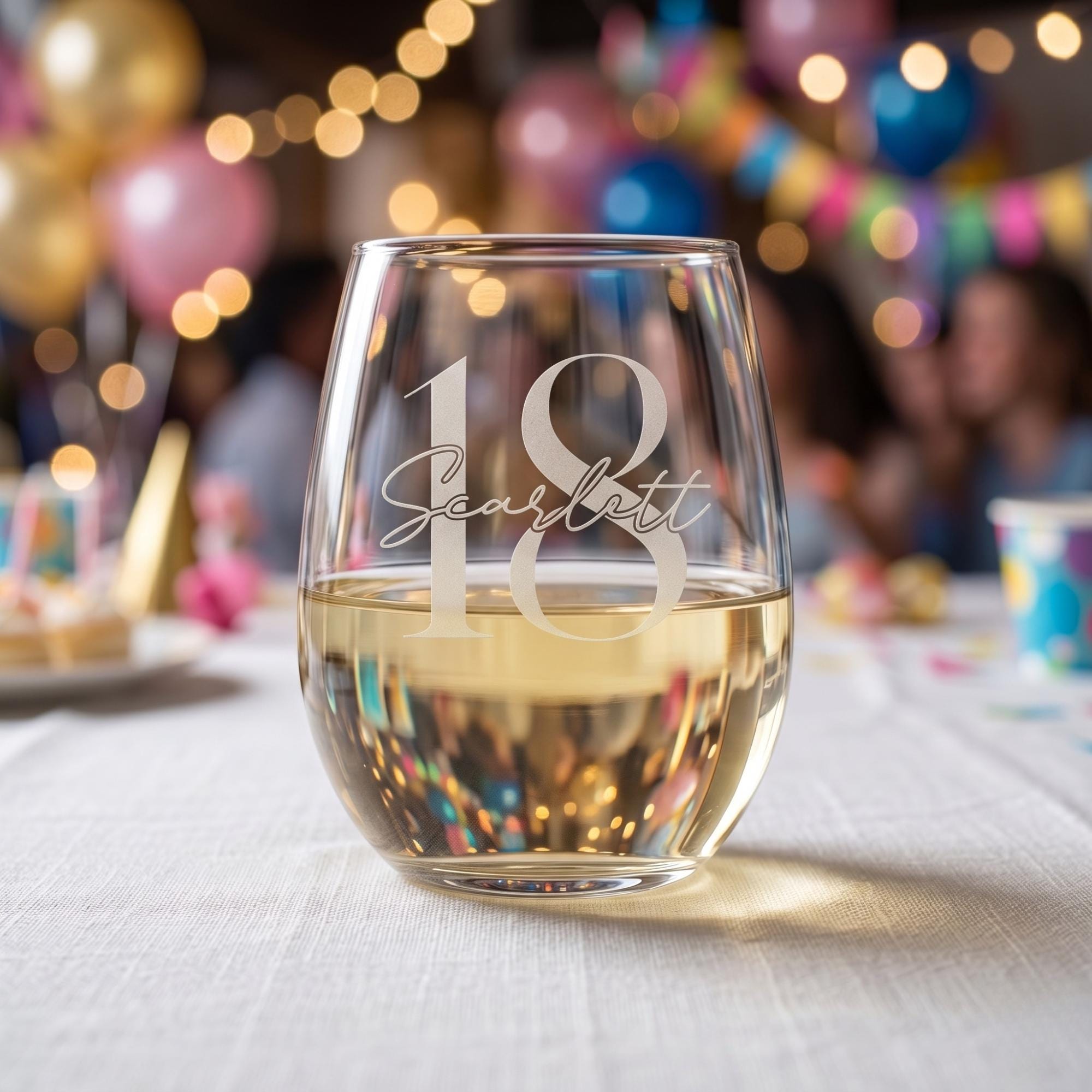 Personalized wine glass with '18 Scarlett' at a festive party.
