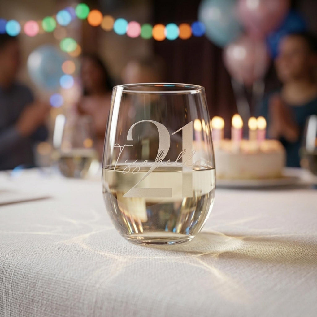 Glass with '21 Issabella' on a table with candles and balloons in the background