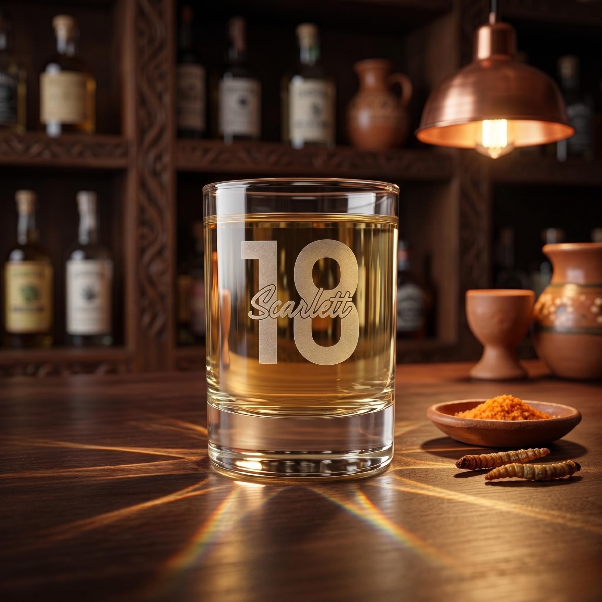 Glass of whiskey with '18 Scarlett' engraving on a wooden bar counter with bottles and decor in the background.