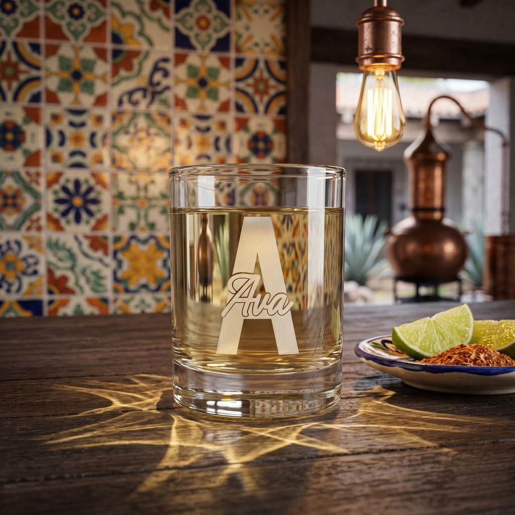 Glass of alcohol with 'Ava' engraving on a wooden table with decorative tiles and lighting in the background.