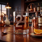 Glass of whiskey with '21 Isabella' engraving on a bar counter with bottles and decor.